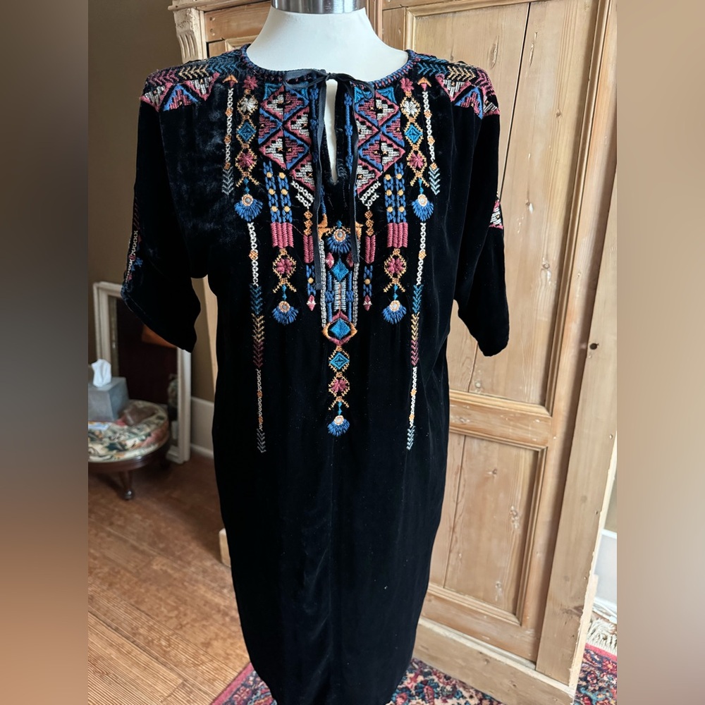 Johnny Was NWT’s Black Velvet Heavy Embroidery Small Dress. BEAUTIFUL!!